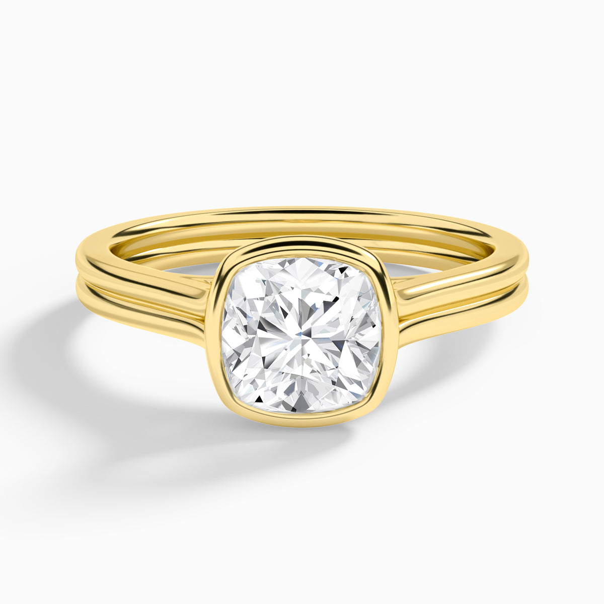 Cushion Bezel Solitaire Double Band Diamond Engagement Ring In 18K Yellow Gold - Lucenjuri