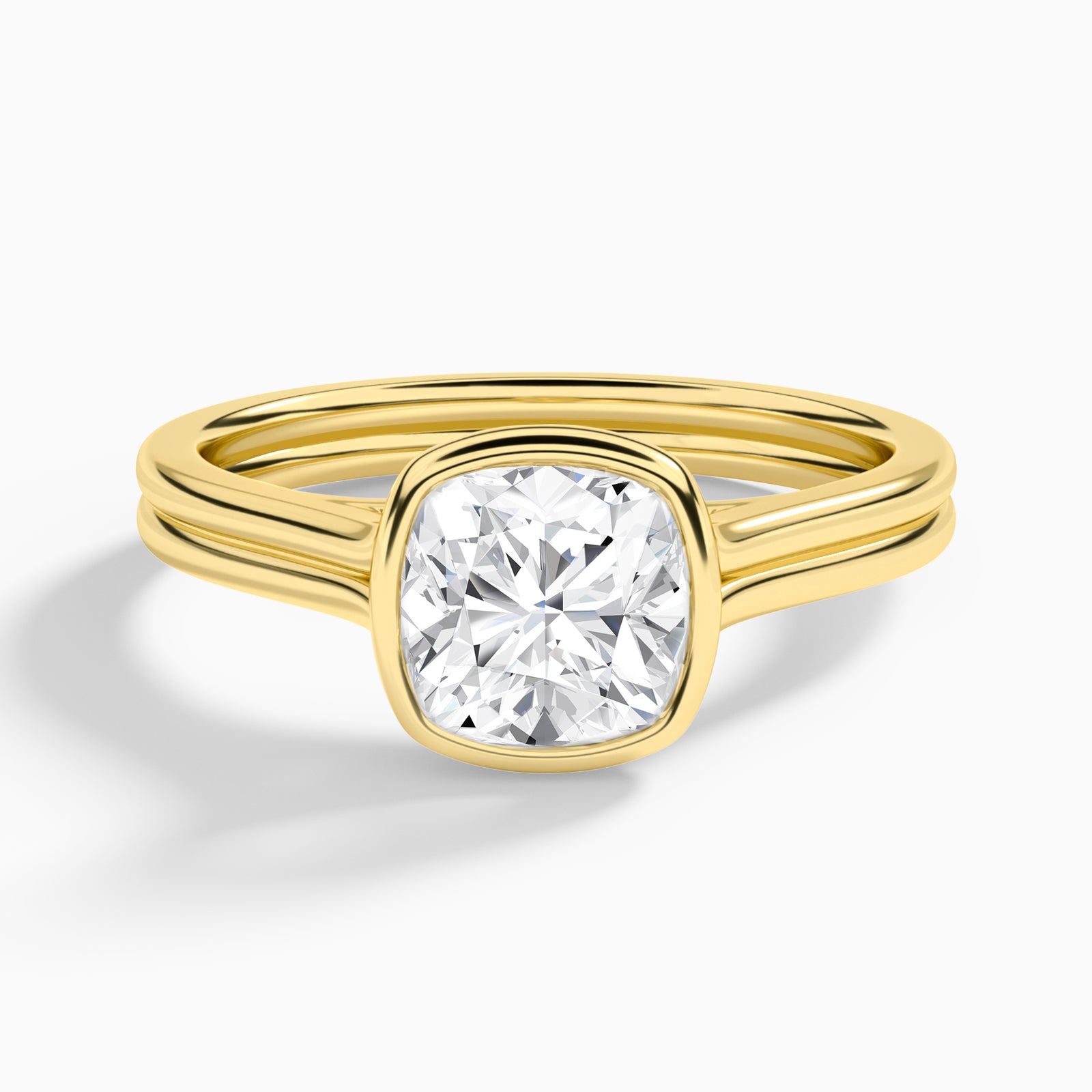 Cushion Bezel Solitaire Double Band Diamond Engagement Ring In 18K Yellow Gold - Lucenjuri
