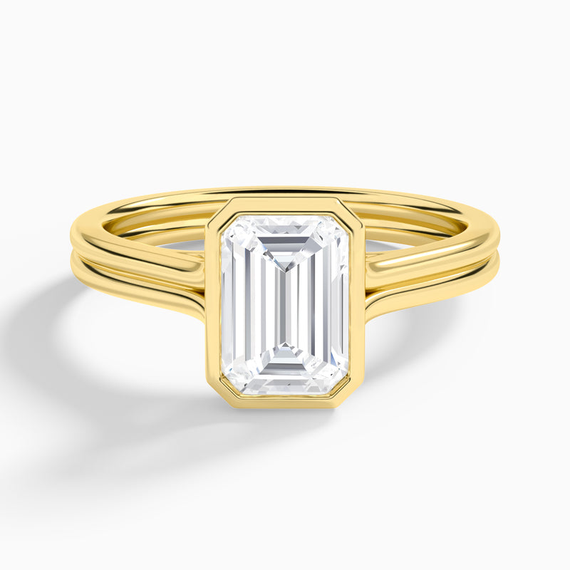Emerald Bezel Solitaire Double Band Diamond Engagement Ring In 18K Yellow Gold - Lucenjuri