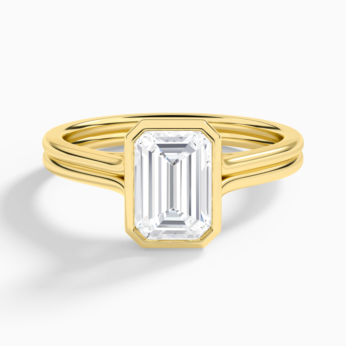 Emerald Bezel Solitaire Double Band Diamond Engagement Ring In 18K Yellow Gold - Lucenjuri