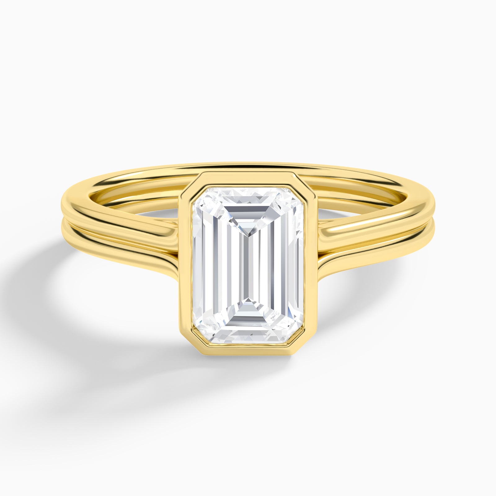 Emerald Bezel Solitaire Double Band Diamond Engagement Ring In 18K Yellow Gold - Lucenjuri