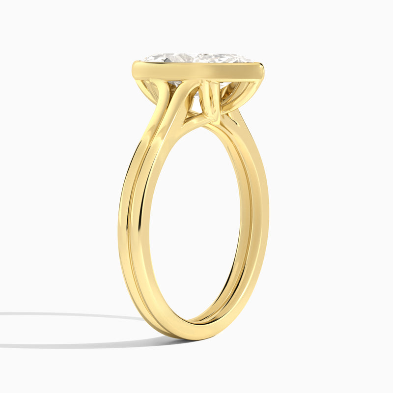 Marquise Bezel Solitaire Double Band Diamond Engagement Ring In 18K Yellow Gold, Angle View