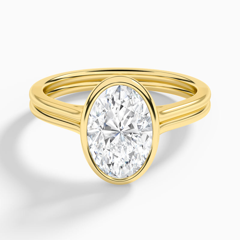 Oval Bezel Solitaire Double Band Diamond Engagement Ring In 18K Yellow Gold - Lucenjuri