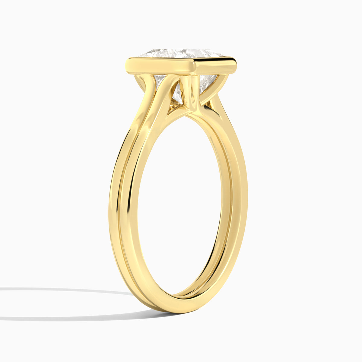 Princess Bezel Solitaire Double Band Diamond Engagement Ring In 18K Yellow Gold, Angle View