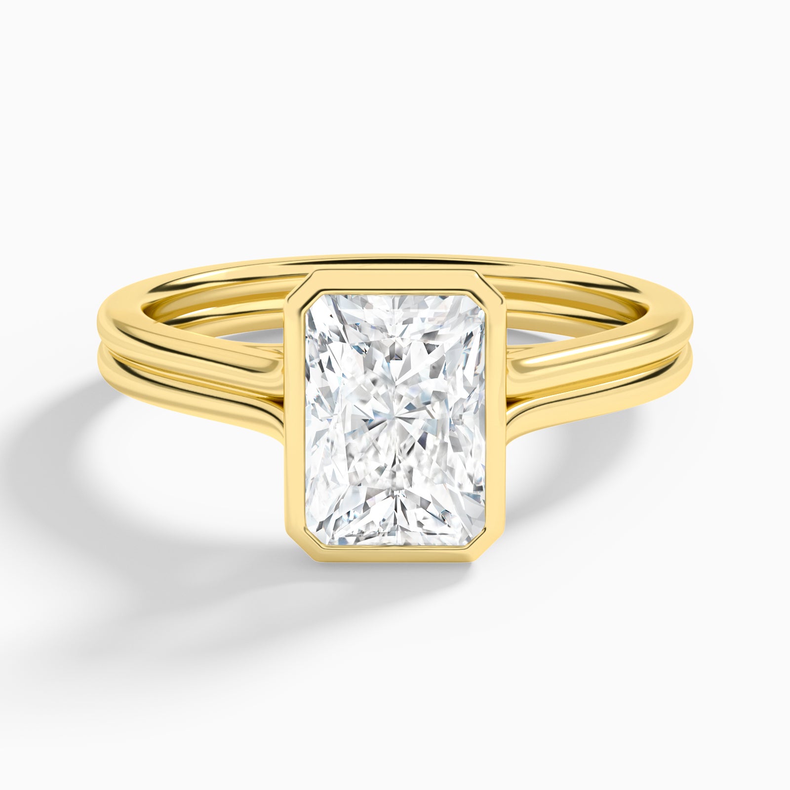 Radiant Bezel Solitaire Double Band Diamond Engagement Ring In 18K Yellow Gold - Lucenjuri