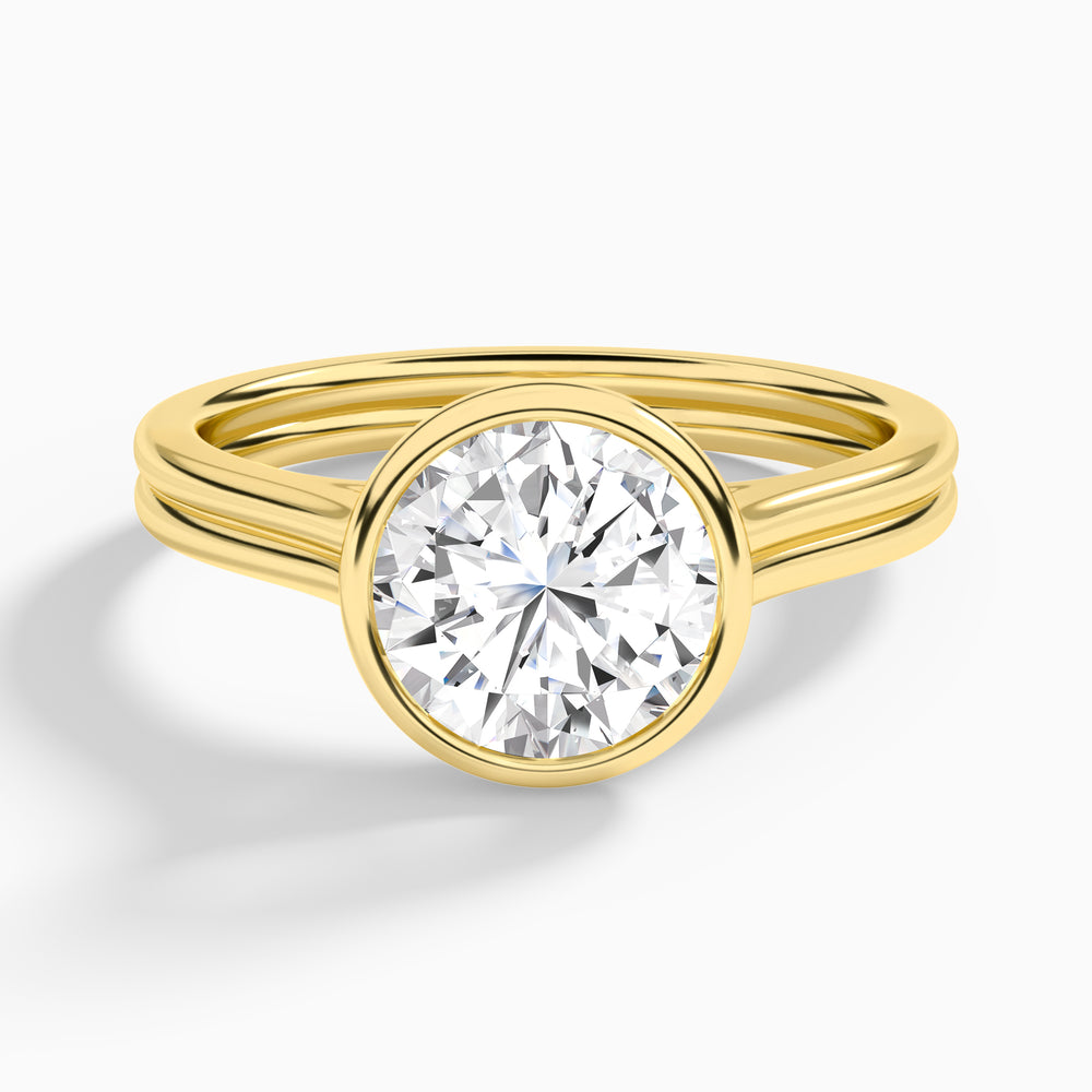 Round Bezel Solitaire Double Band Diamond Engagement Ring In 18K Yellow Gold - Lucenjuri