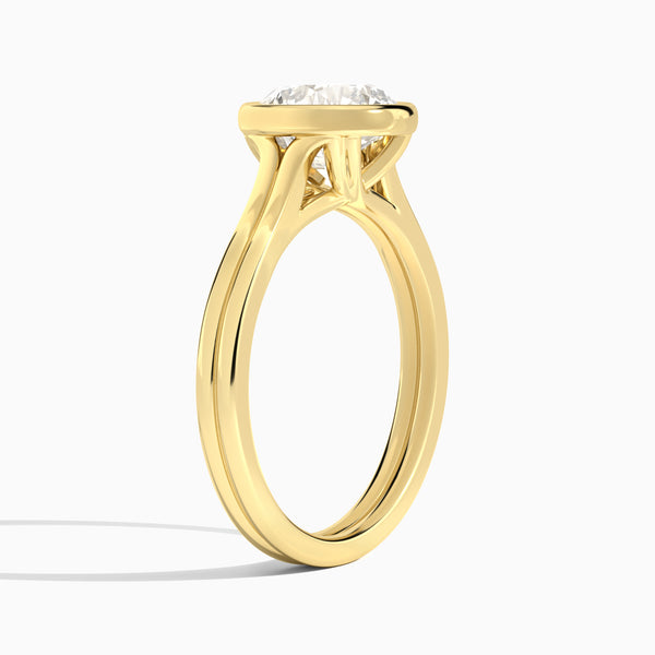 Round Bezel Solitaire Double Band Diamond Engagement Ring In 18K Yellow Gold, Angle View