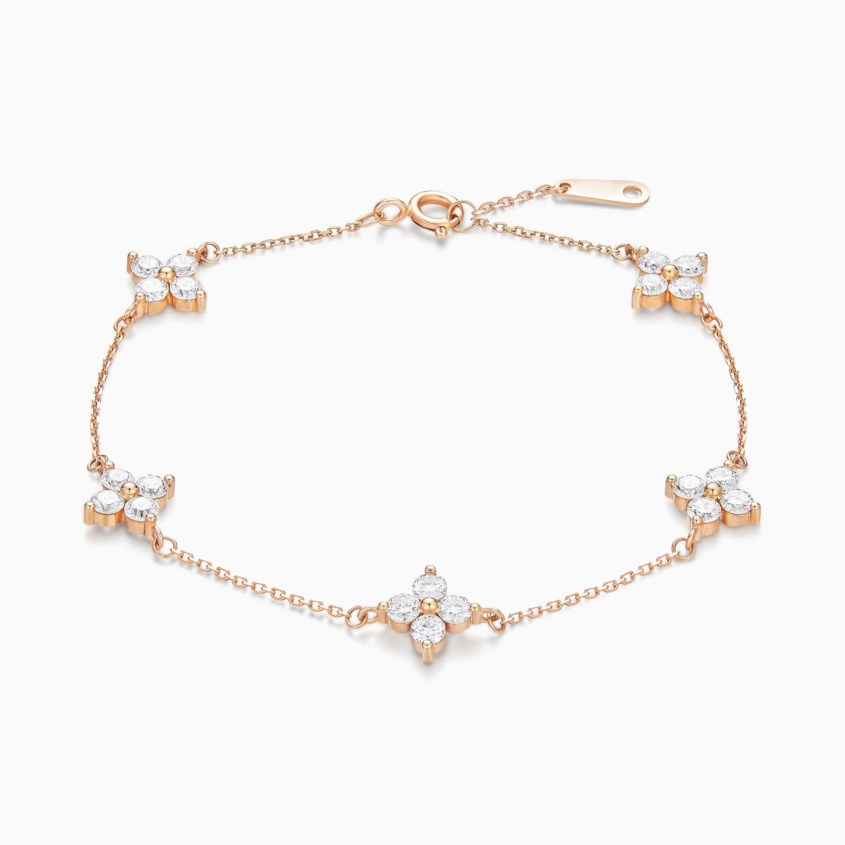 Round Fleur Multi Station Charm Diamond Bracelet in 14K Rose Gold