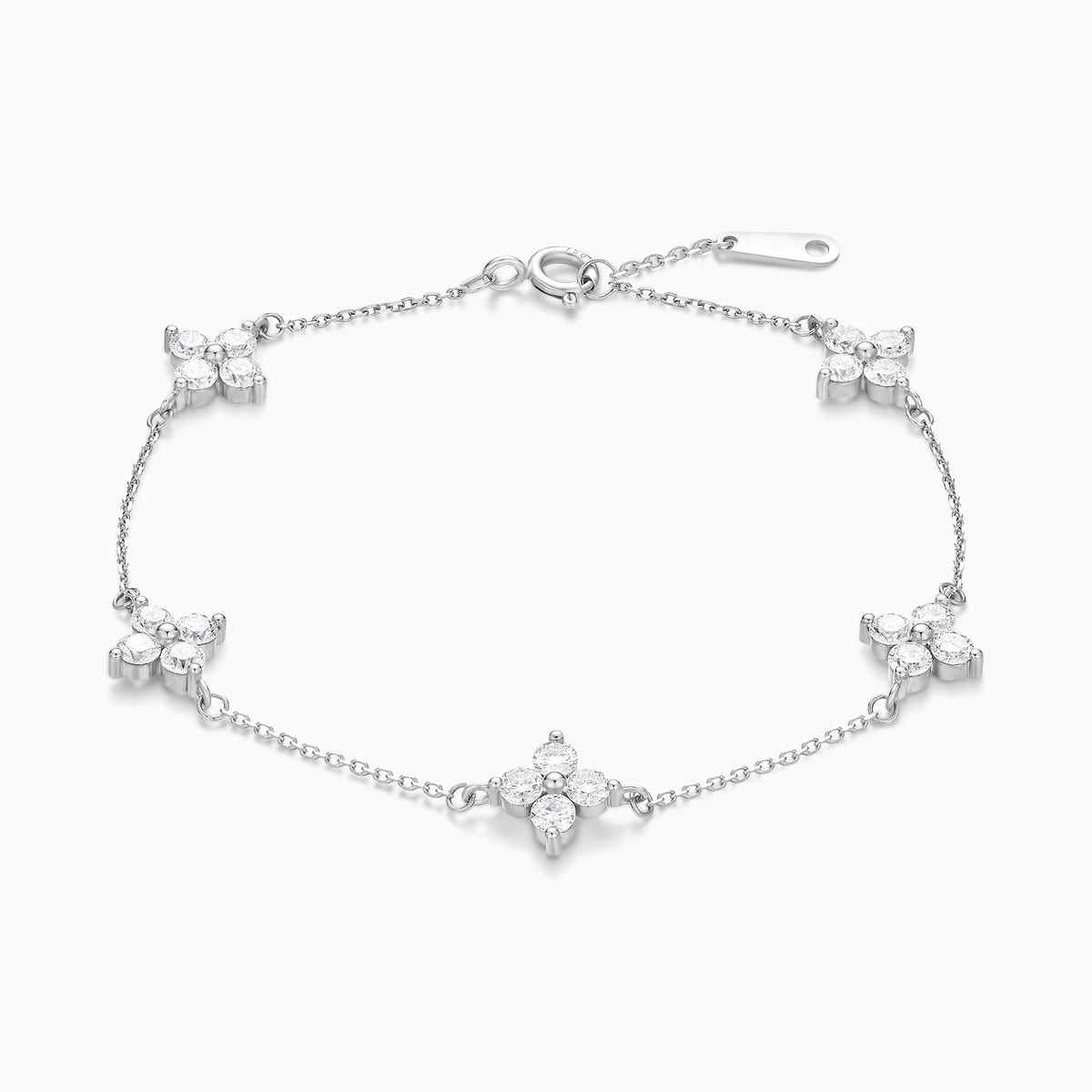Round Fleur Multi Station Charm Diamond Bracelet in 14K White Gold