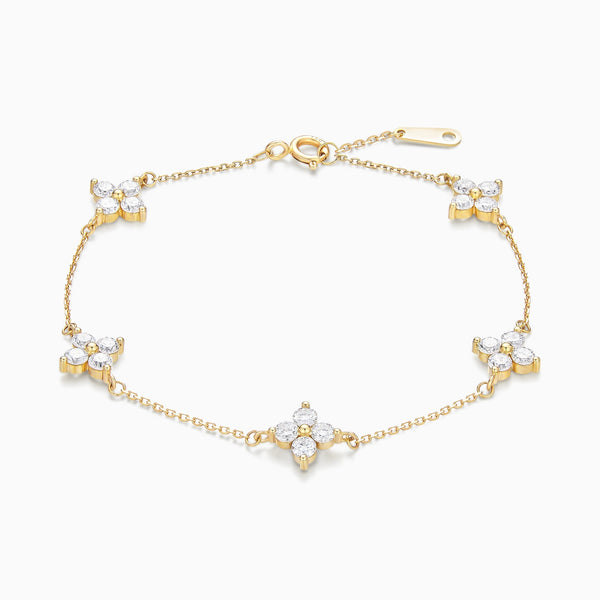 Round Fleur Multi Station Charm Diamond Bracelet in 14K Yellow Gold