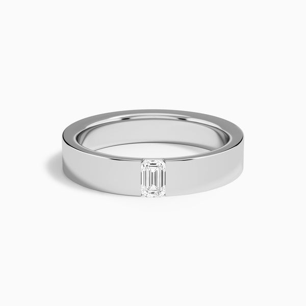 Flat Edge Single Emerald Diamond Wedding Band in 18K White Gold
