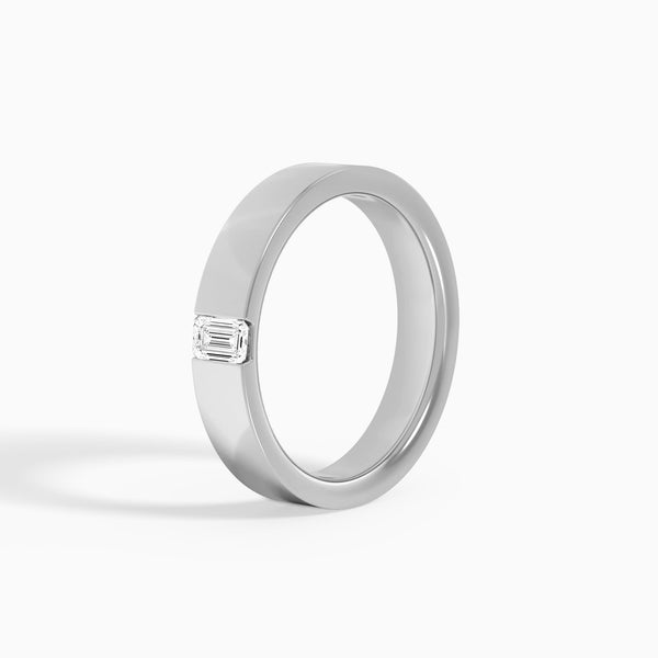 Flat Edge Single Emerald Diamond Wedding Band in 18K White Gold