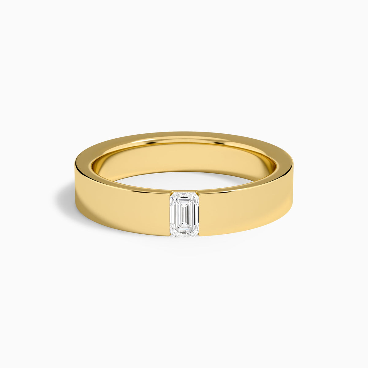 Flat Edge Single Emerald Diamond Wedding Band in 14K Yellow Gold