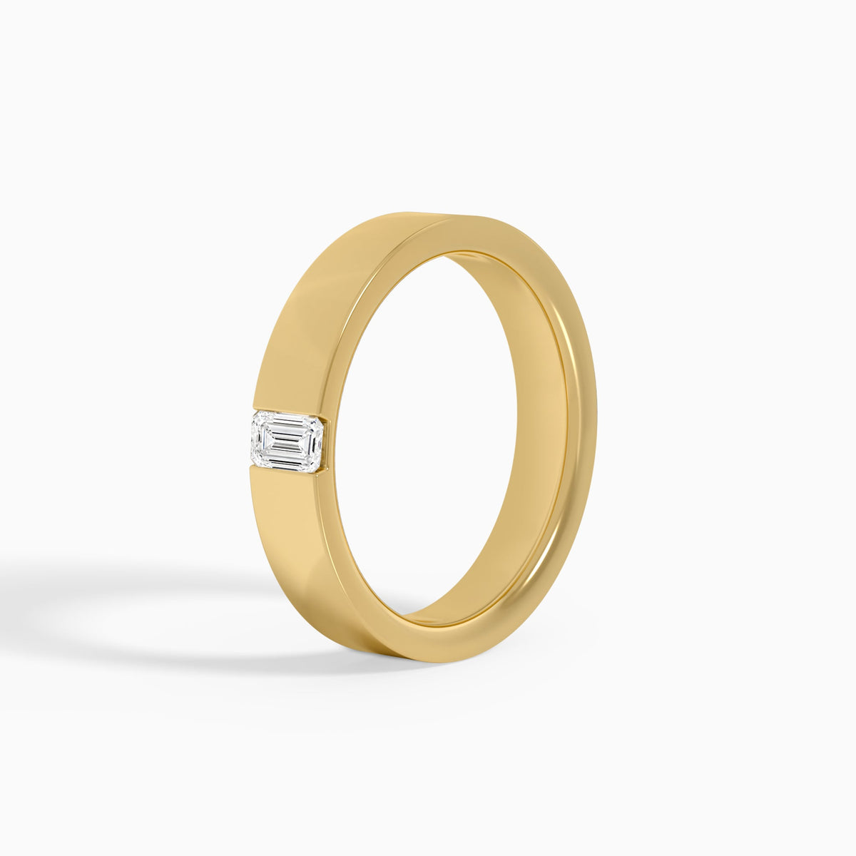Flat Edge Single Emerald Diamond Wedding Band in 14K Yellow Gold