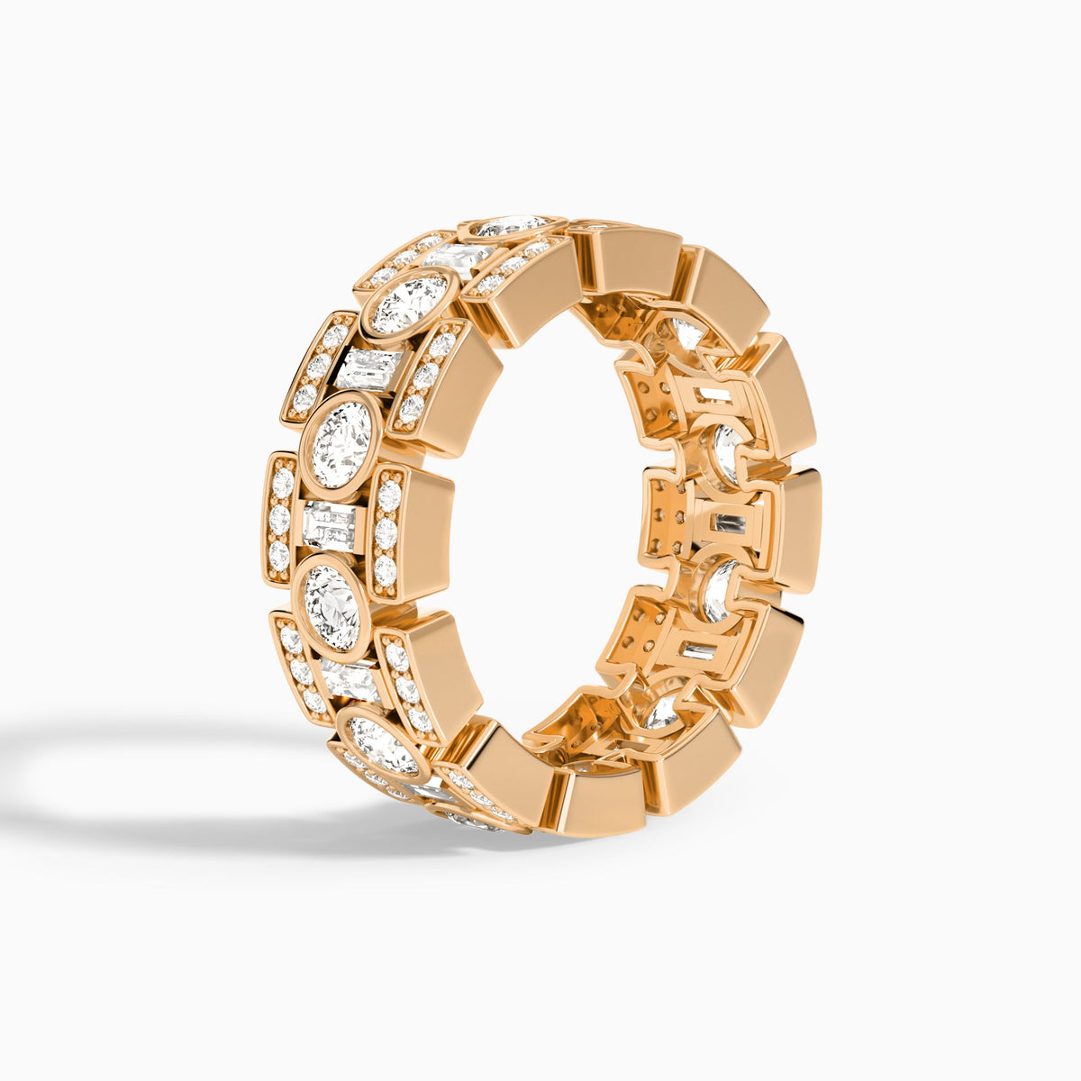 Round and Baguette Diamond Wedding Band in 14K Rose Gold