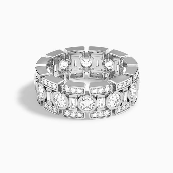Round and Baguette Diamond Wedding Band in 18K White Gold