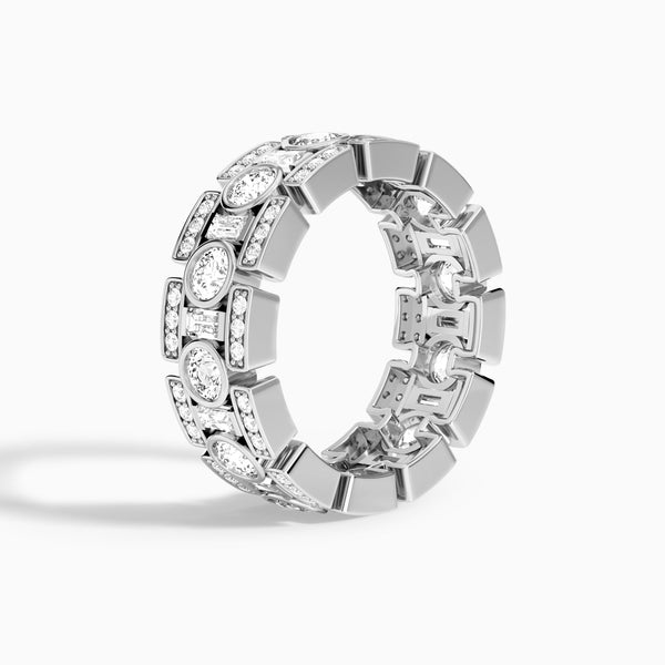 Round and Baguette Diamond Wedding Band in 18K White Gold