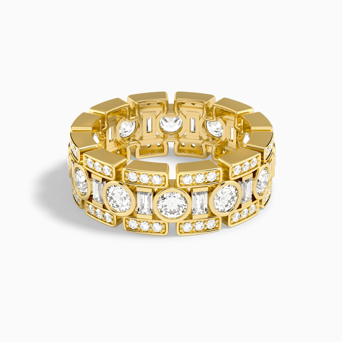 Round and Baguette Diamond Wedding Band in 14K Yellow Gold