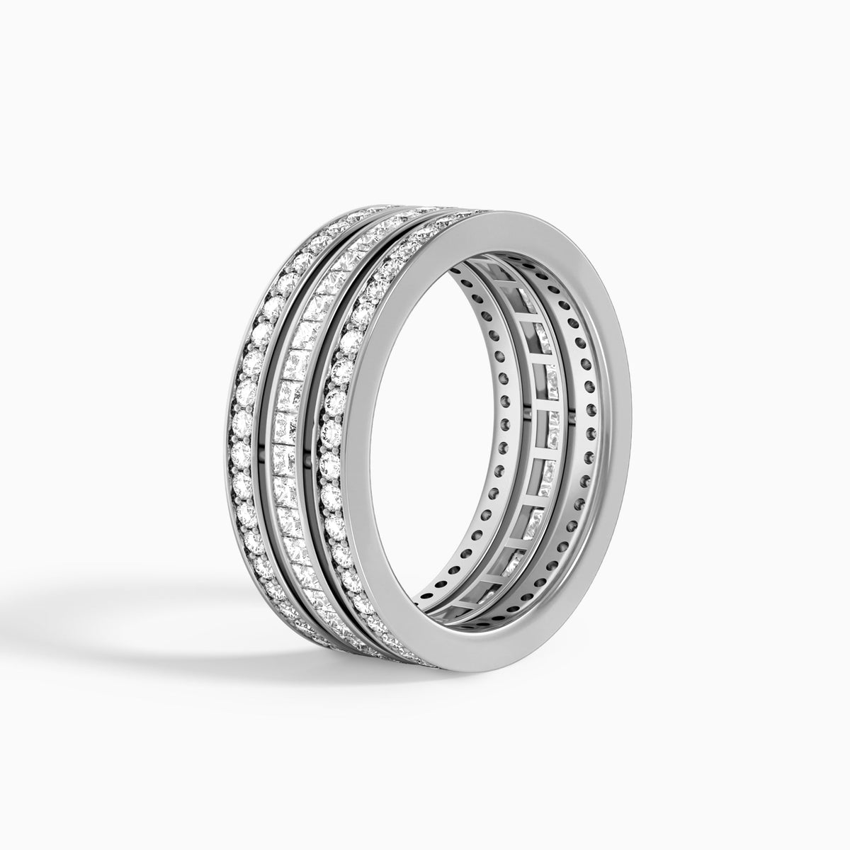 Round and Princess Deco Three Row Eternity Diamond Wedding Band in Platinum