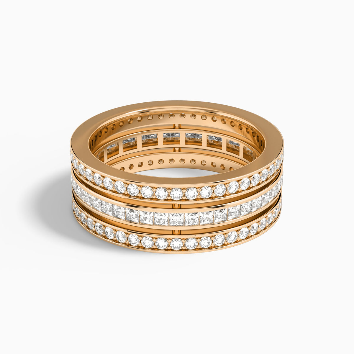 Round and Princess Deco Three Row Eternity Diamond Wedding Band in 14K Rose Gold