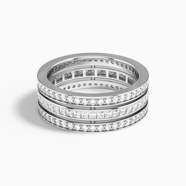 Round and Princess Deco Three Row Eternity Diamond Wedding Band in 18K White Gold