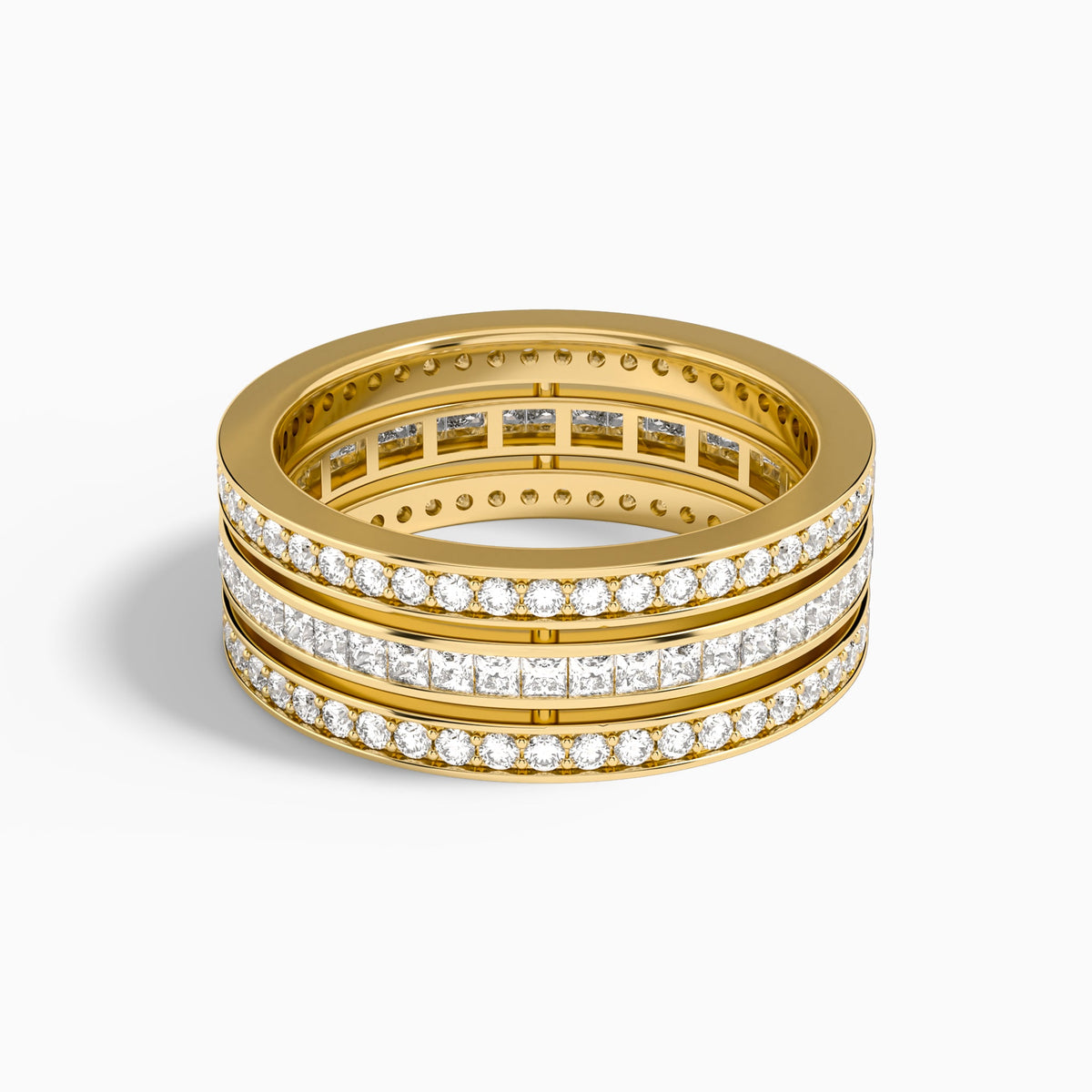 Round and Princess Deco Three Row Eternity Diamond Wedding Band in 18K Yellow Gold