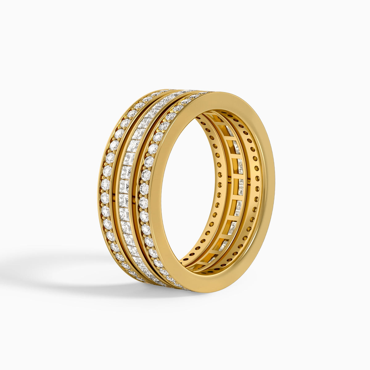 Round and Princess Deco Three Row Eternity Diamond Wedding Band in 14K Yellow Gold