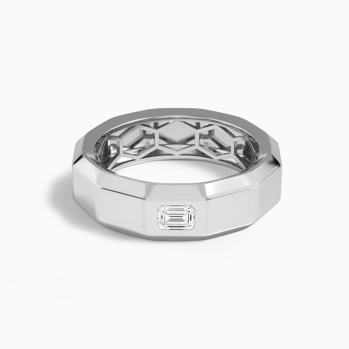Emerald Faceted Single Diamond Wedding Band in 18K White Gold