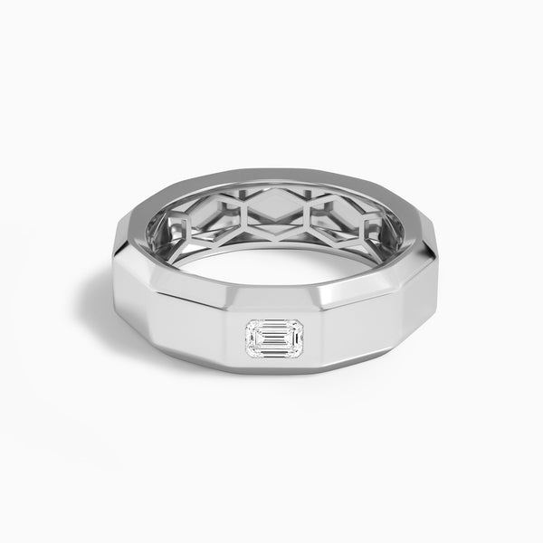 Emerald Faceted Single Diamond Wedding Band in 18K White Gold