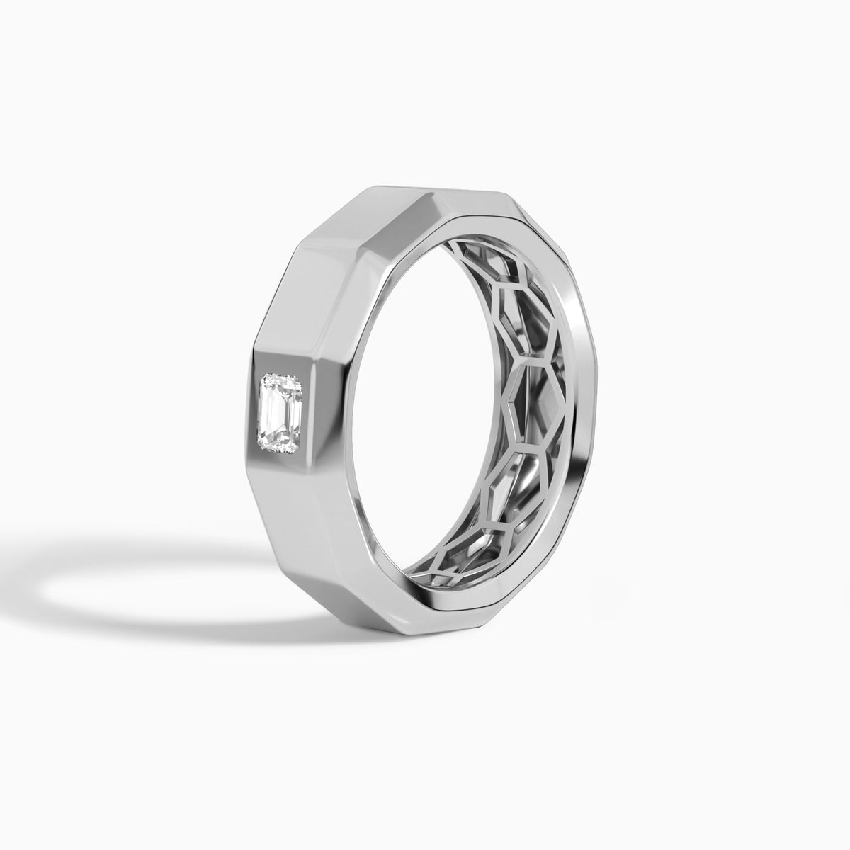 Emerald Faceted Single Diamond Wedding Band in 14K White Gold