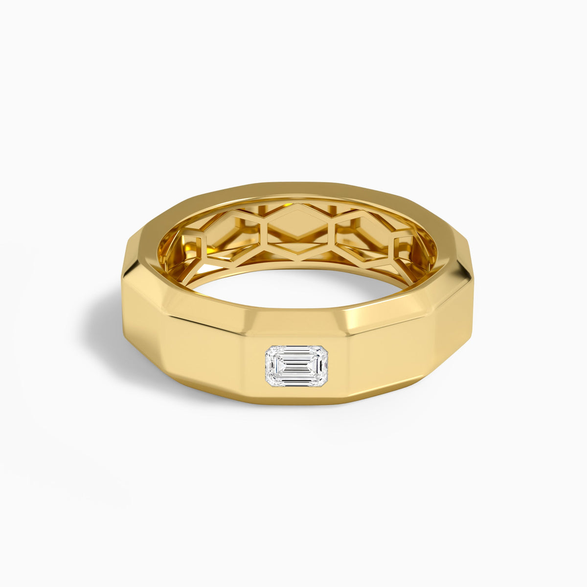 Emerald Faceted Single Diamond Wedding Band in 14K Yellow Gold
