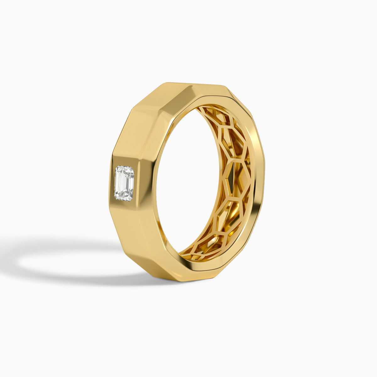 Emerald Faceted Single Diamond Wedding Band in 14K Yellow Gold