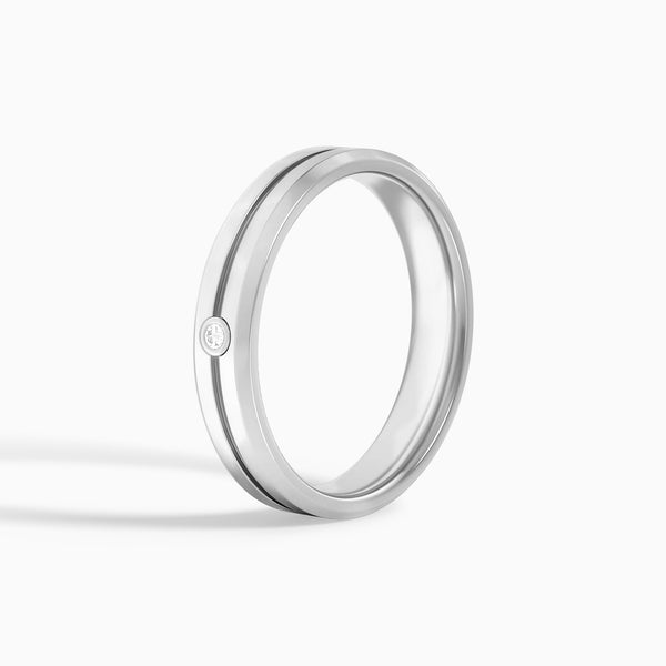 Beveled Accented Round Diamond Wedding Band in 14K White Gold
