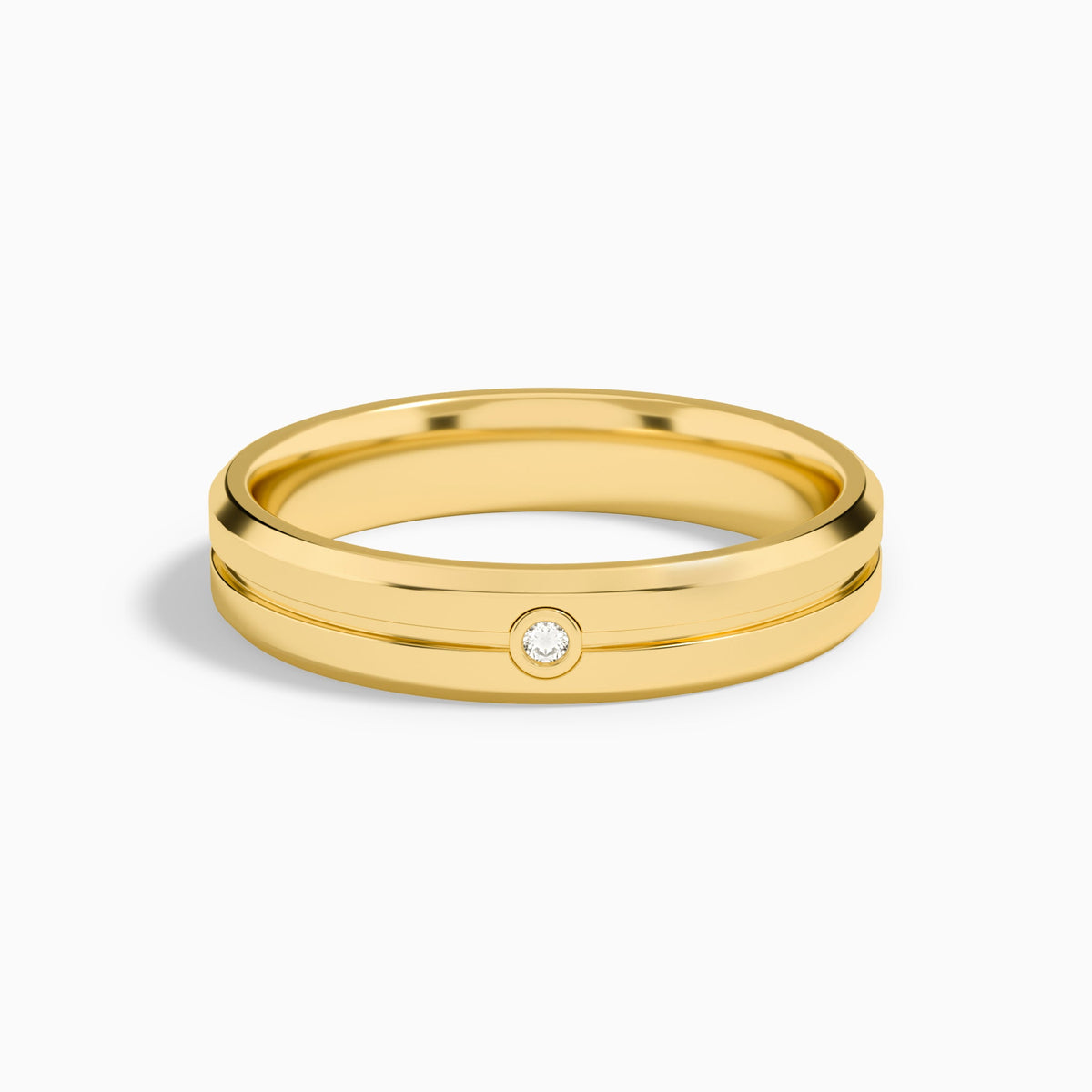 Beveled Accented Round Diamond Wedding Band in 18K Yellow Gold