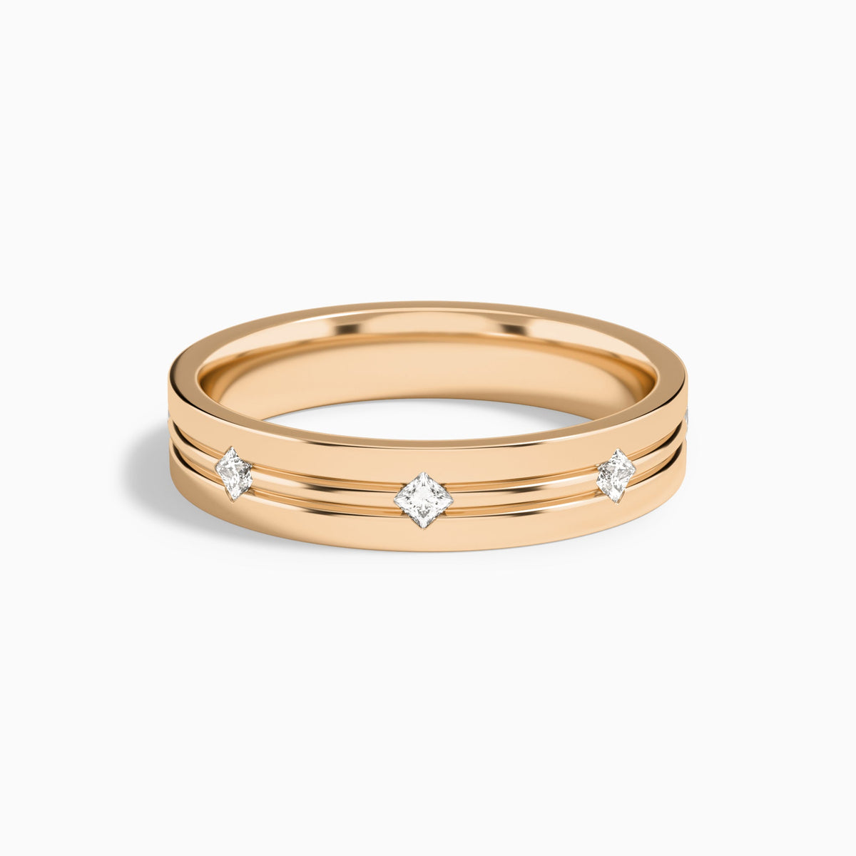 East West Princess Cut Diamond Accented Wedding Band in 14K Rose Gold