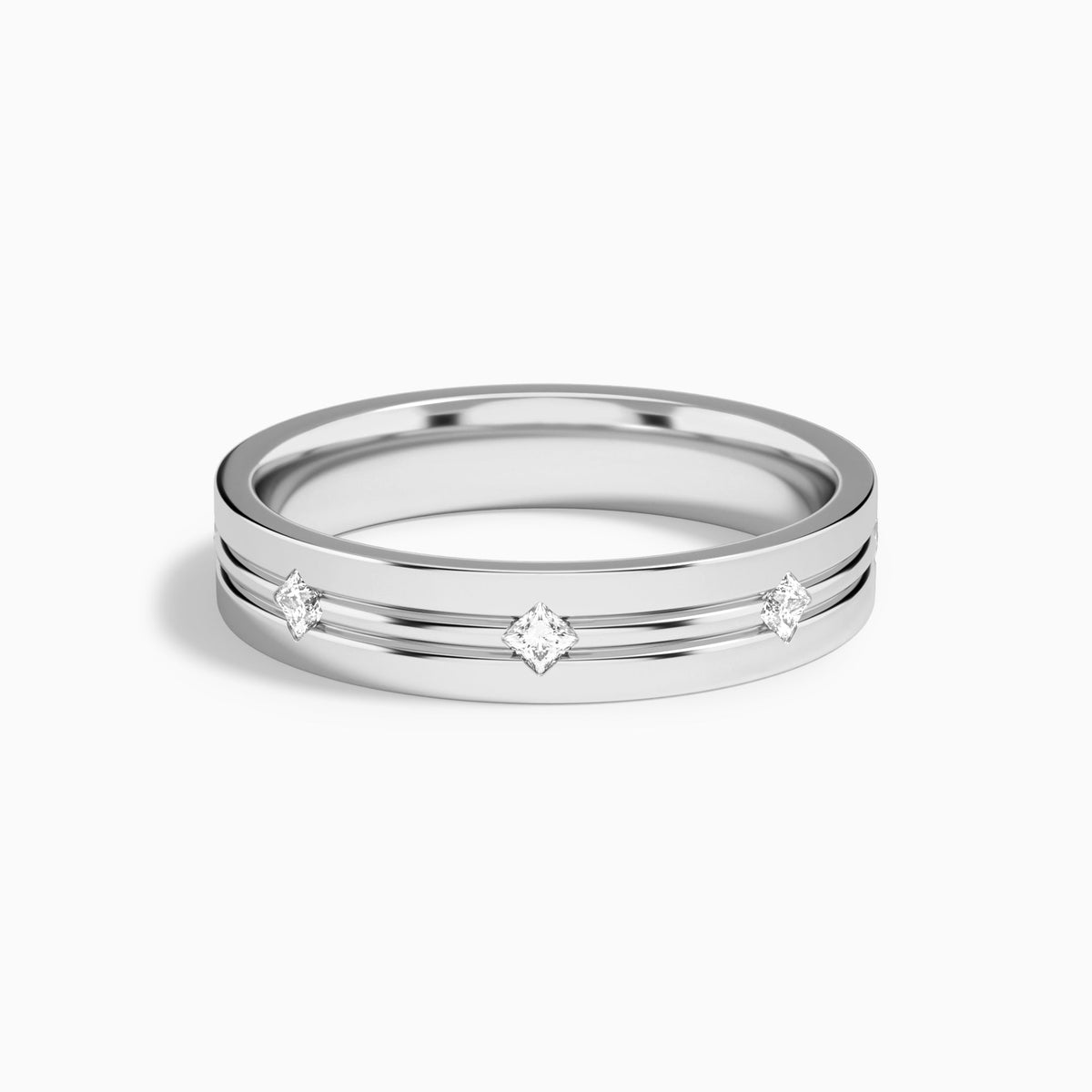 East West Princess Cut Diamond Accented Wedding Band in 14K White Gold