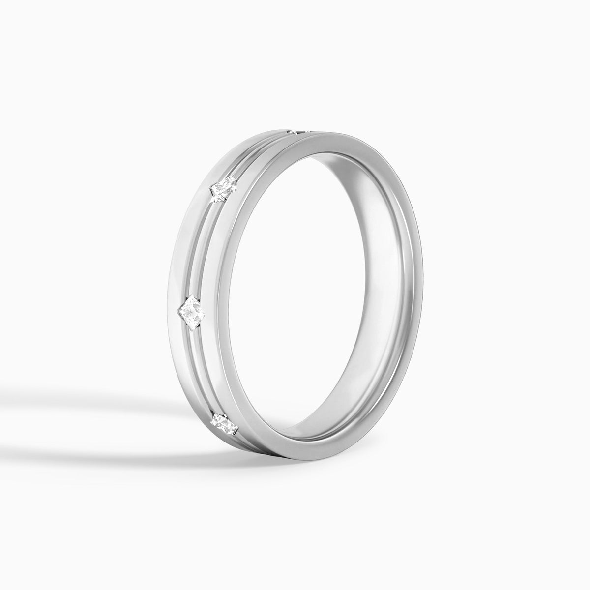 East West Princess Cut Diamond Accented Wedding Band in 18K White Gold