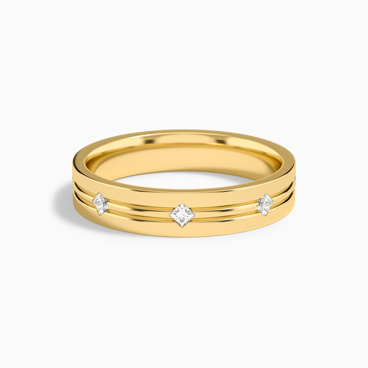East West Princess Cut Diamond Accented Wedding Band in 14K Yellow Gold