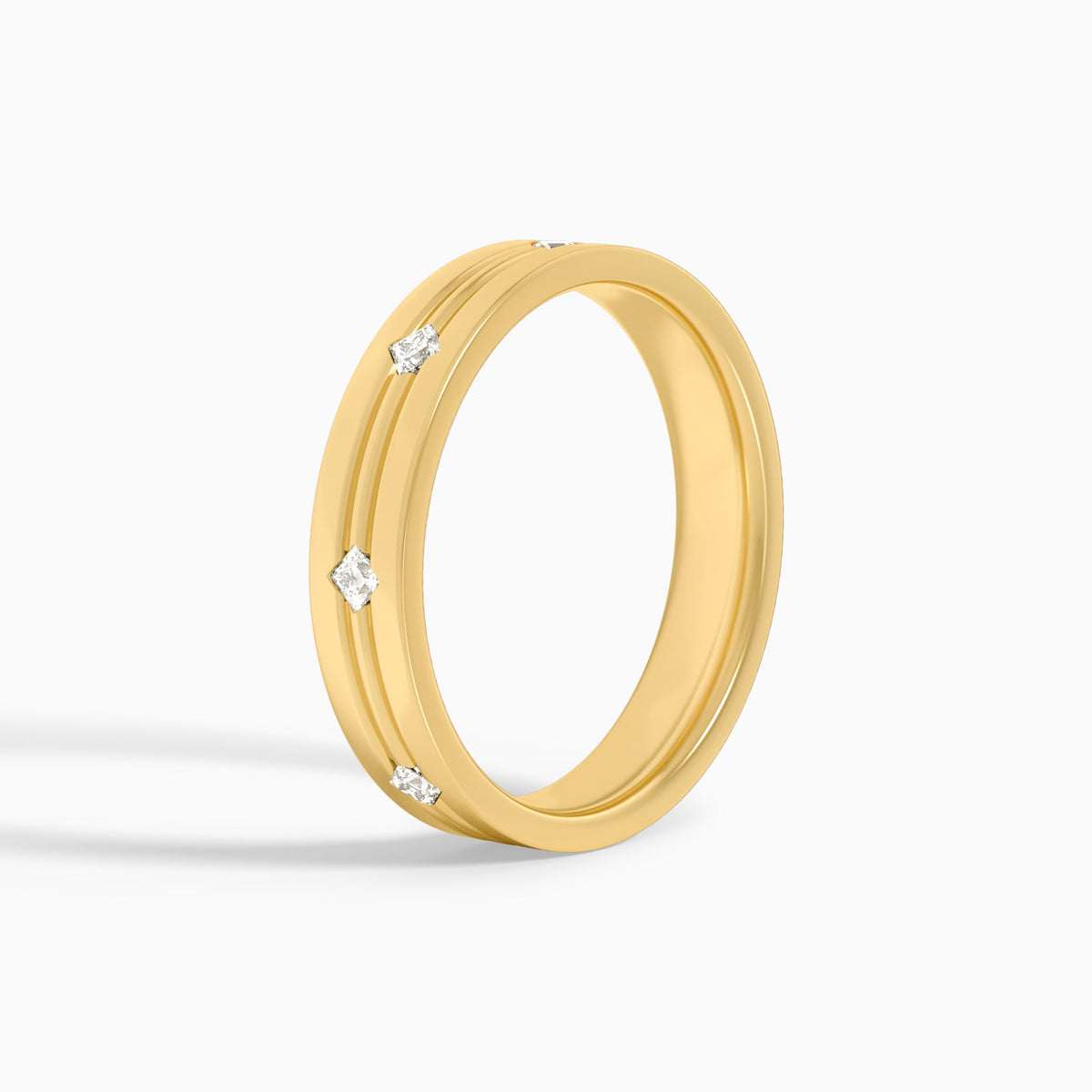 East West Princess Cut Diamond Accented Wedding Band in 14K Yellow Gold