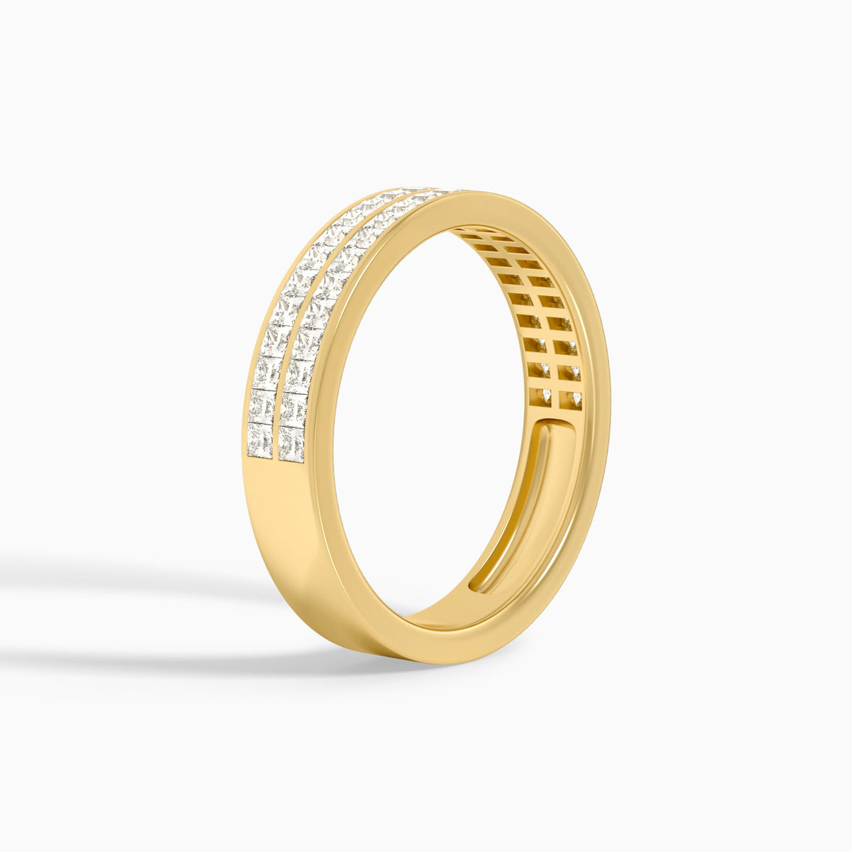 Two Row Channel Set Princess Cut Diamond Wedding Band in 18K Yellow Gold