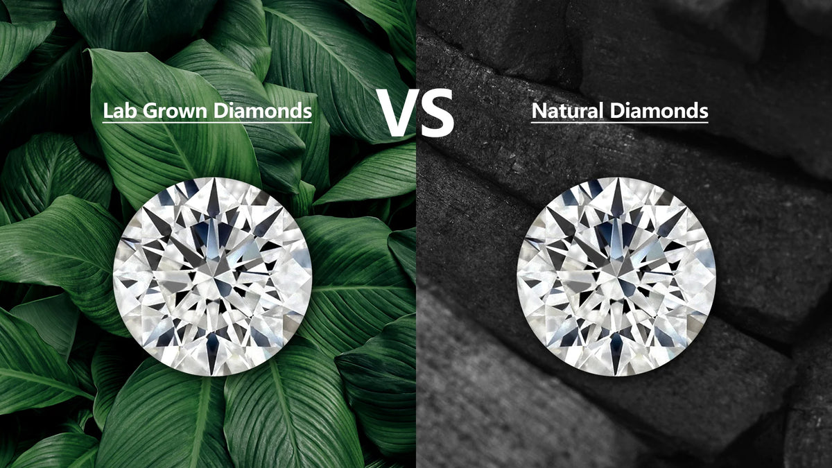 Comparison between lab-grown diamonds  and natural diamonds with leaves and stone background.
