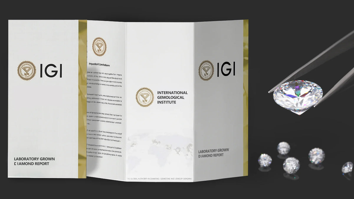 IGI diamond certification booklet with diamonds on a dark background