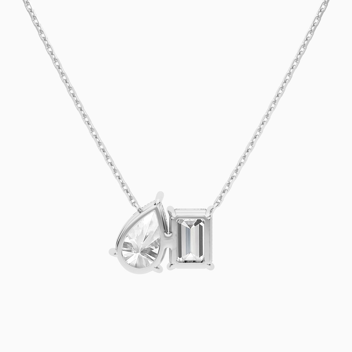 Toi Et Moi Emerald and Pear Lab Grown Diamond Necklace In Platinum - Back View