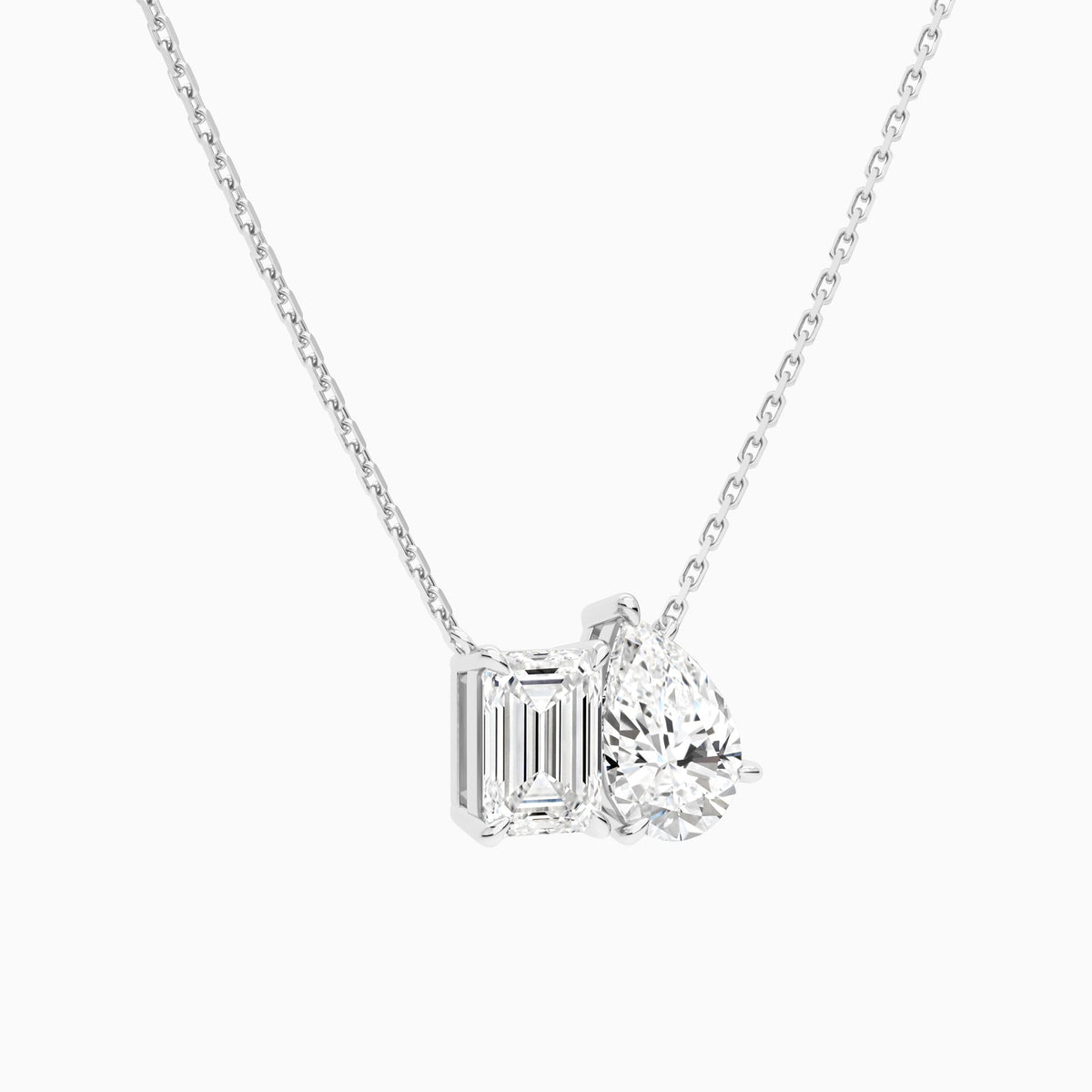 Toi Et Moi Emerald and Pear Lab Grown Diamond Necklace In 14K White Gold - Front Angle View