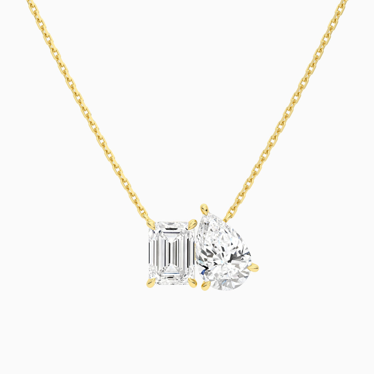 Toi et Moi Emerald and Pear Lab Grown Diamond Necklace in 14K Yellow Gold