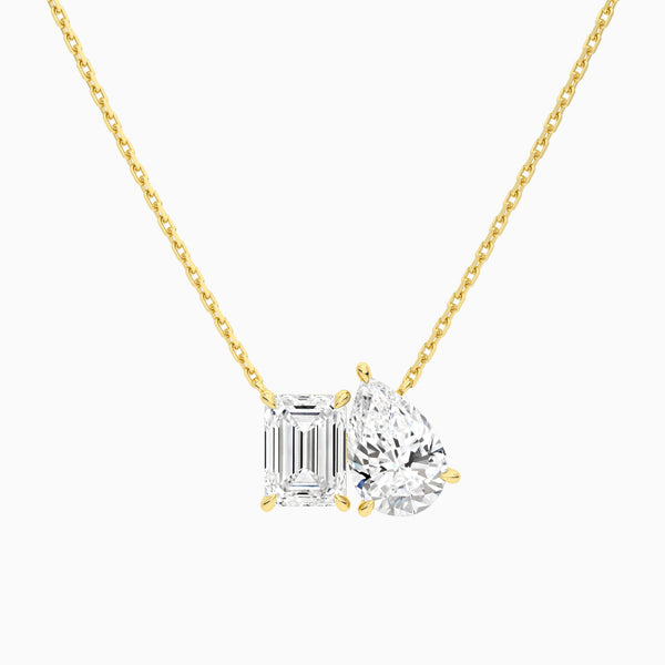 Toi Et Moi Emerald and Pear Lab Grown Diamond Necklace In 14K Yellow Gold - Lucenjuri