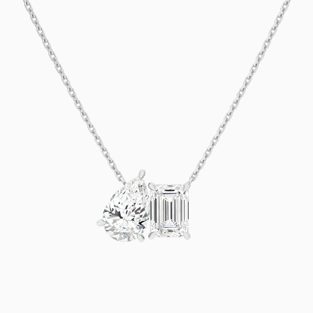 Toi Et Moi Pear and Emerald Lab Grown Diamond Necklace In 18K White Gold - Lucenjuri