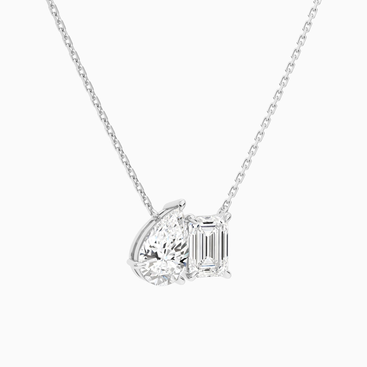 Toi Et Moi Pear and Emerald Lab Grown Diamond Necklace In 18K White Gold - Front Angle View