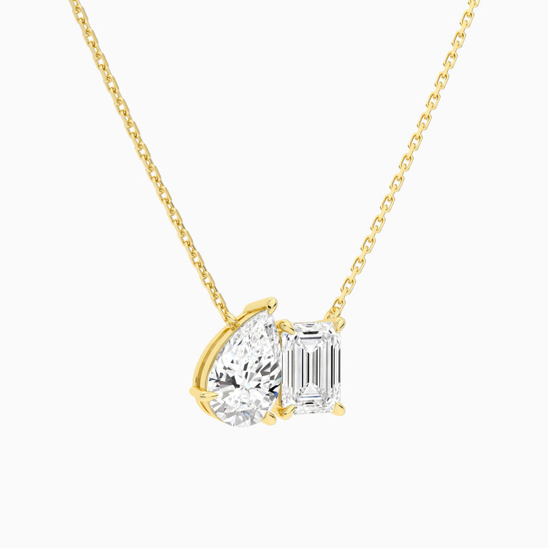 Toi Et Moi Pear and Emerald Lab Grown Diamond Necklace In 14K Yellow Gold - Front Angle View