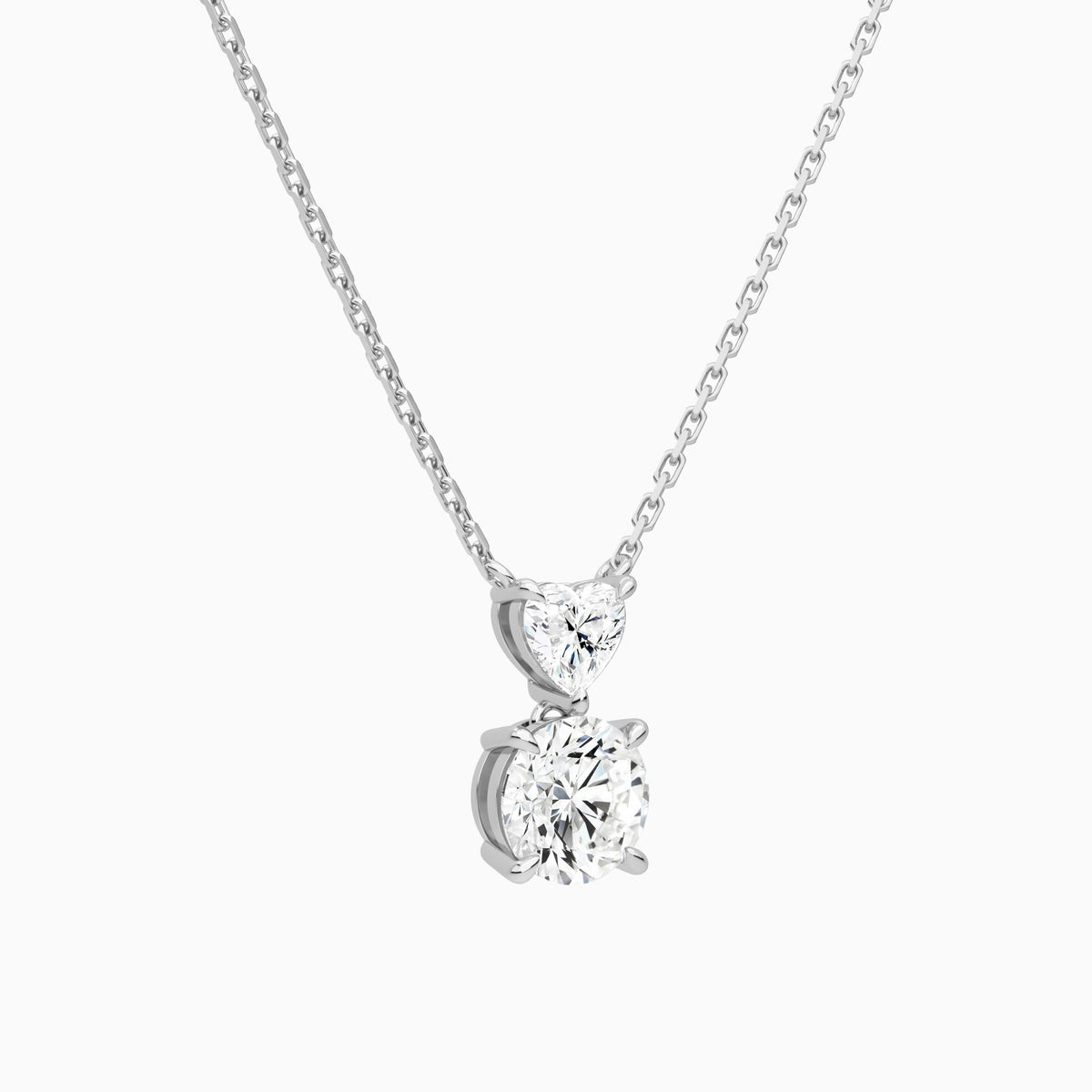 Duo Drop Heart and Round Lab Grown Diamond Necklace In Platinum - Front Angle View